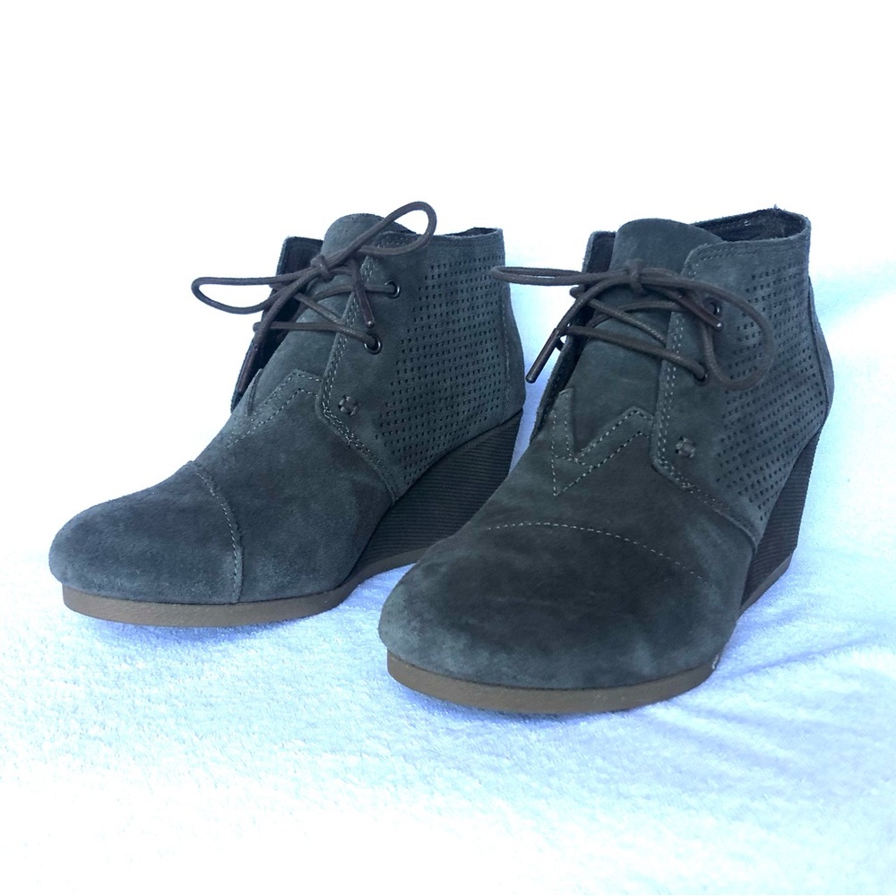 TOMS Desert Wedge Bootie Military Green Suede Perforated